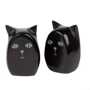 Cat Carved Black Palewa Stone Salt & Pepper Shakers 3"